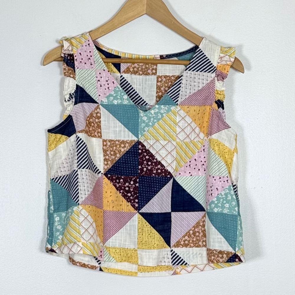 a.n.a Womens Patchwork Print Ruffle Sleeveless Top Size S Relaxed Cottage Boho